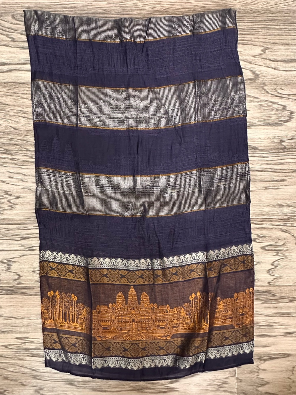 100% SILK SCARF KOREAN Lightweight Navy and Gold Patterned Women's Scarf